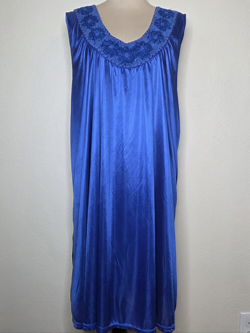 Cobalt Blue Vintage Traditional Nightgown Floral Rosette Trim Sleeveless XL